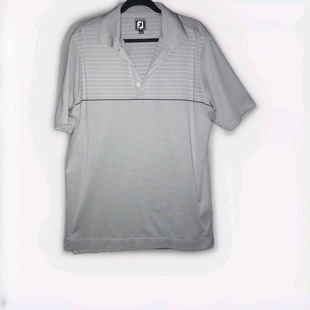 FootJoy FJ Polo‎ Shirt Grey White Stripe Top Half Short Sleeve Large Golf